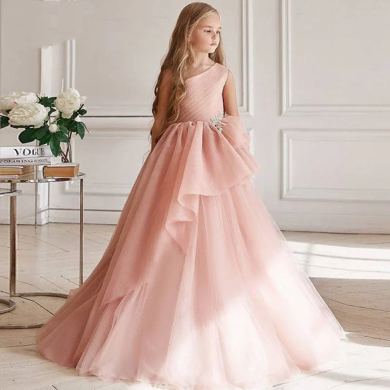 Girls One Shoulder Pink Tulle First Communion Dress Multi-layered Ruffled Diamond Flower Girl Dress Birthday Party Princess