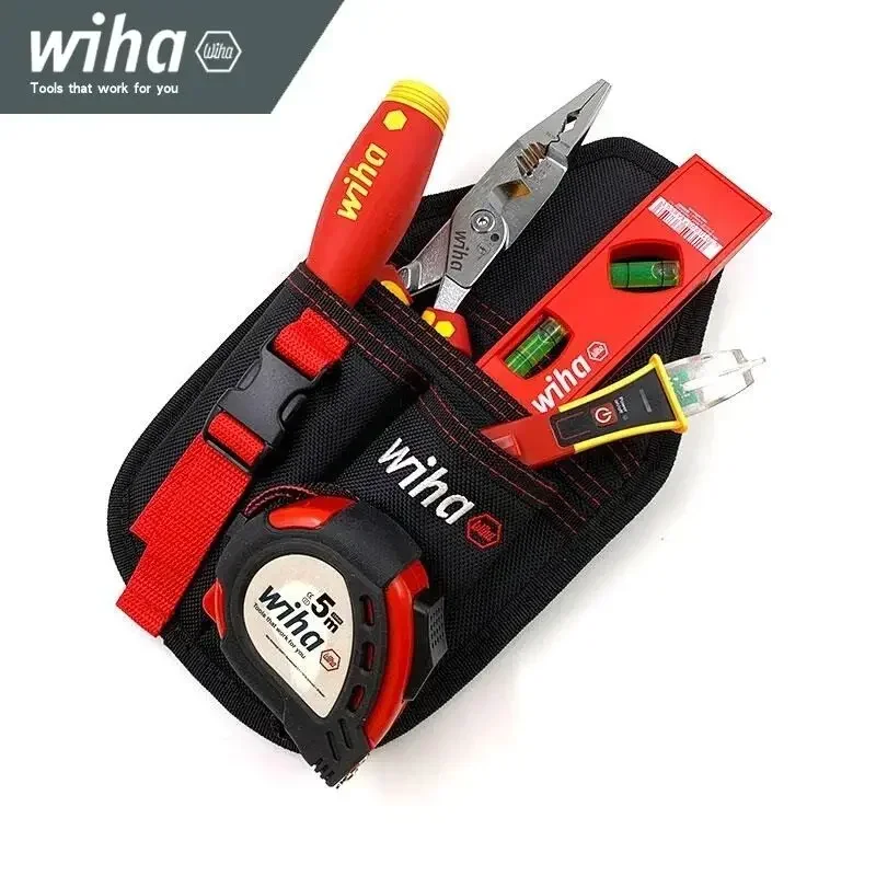 WIHA 90028C 6-in-1 Electrician Insulation Tool Set Waist Bag Insulated Plier&Screwdriver Electrical Pen Tape Measure Level Ruler