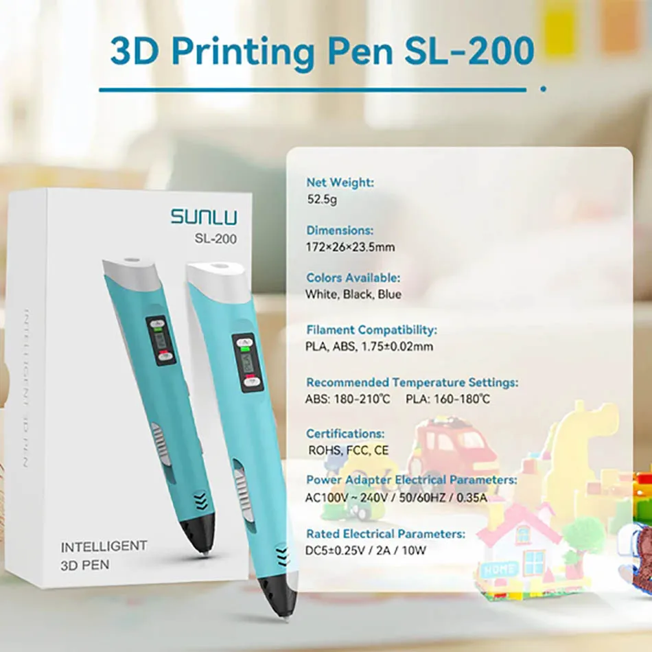 SUNLU 3D-Druckstift SL-200 3D-Stiftunterstützung ABS/PLA-Filament 1,75 mm DIY 3D-Bleistift für Kinder und Erwachsene, Weihnachtsgeschenk für Kinder