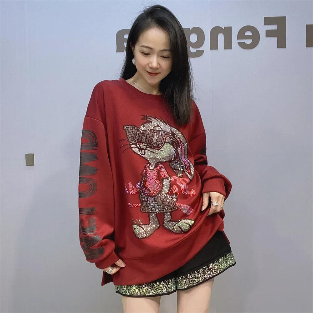 Oversized Autumn Pullover Hoodies Women Clothes Cartoon Diamonds Long Sleeve O Neck Knitting Wear Casual Tops Loose Sweatshirts