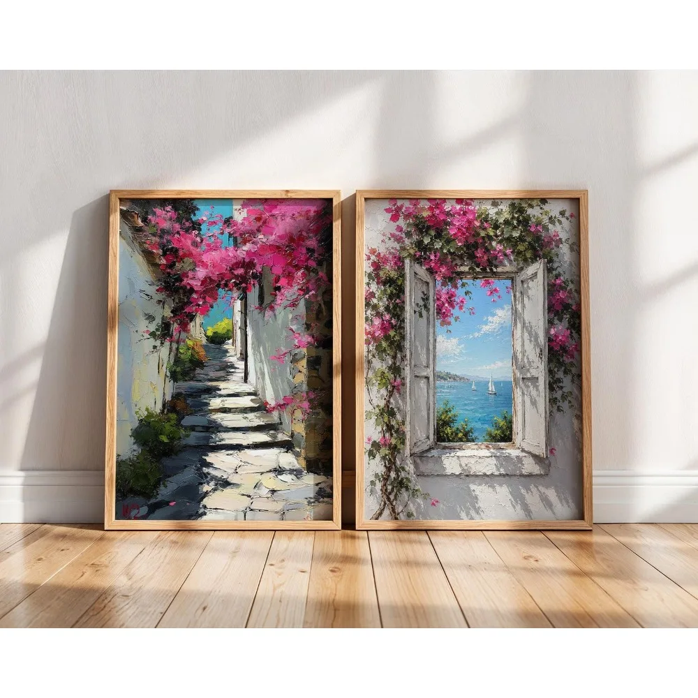 2PCS Large-sized frameless canvas paintings,2pcs Frameless,Mediterranean Coast Wall Art Collection,Pink Poster,Italian Poster,Bo