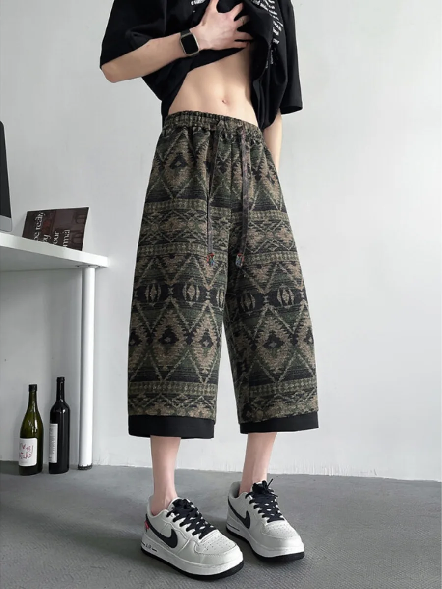 Etnische Sle Geborduurde 7/8 Lengte Heren Zomer Plus Size Casual Broek Losse Wijde Pijpen Broek Trendy Plus Size Faion