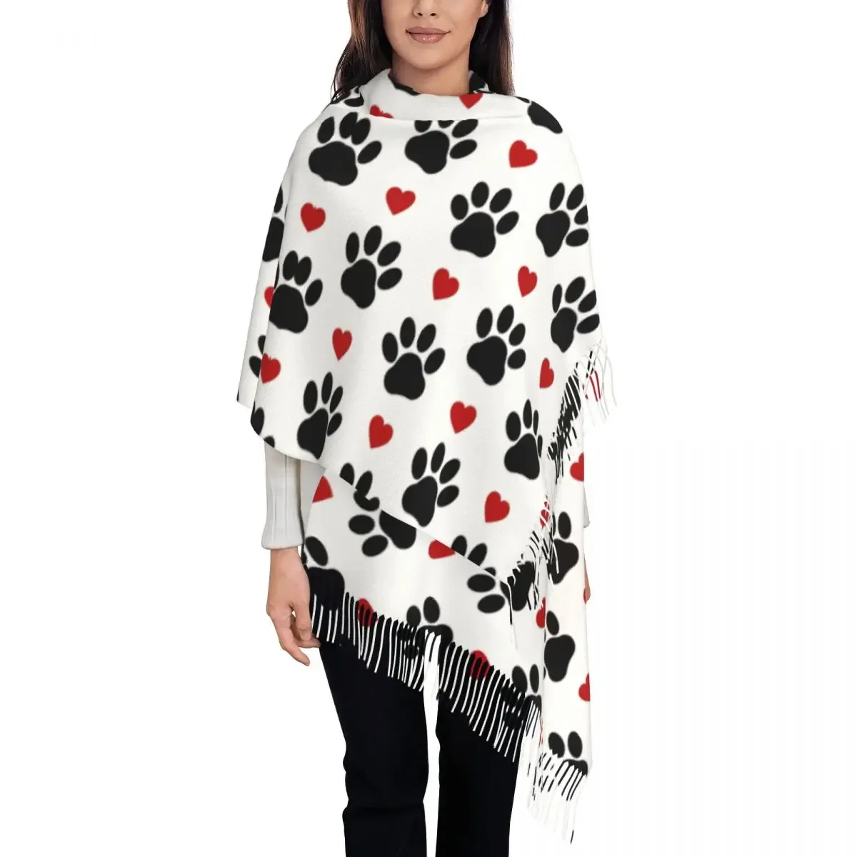 

Fashion Pattern Of Dog Paw Tassel Scarf Women Winter Warm Shawl Wrap Female Black Paws Red Hearts Scarves