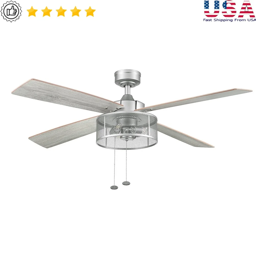 

52-дюймовый потолочный вентилятор с подсветкой, 4 лопасти, тяговые цепи, реверсивный воздушный поток, энергоэффективный, для гостиной, спальни, для использования в помещении