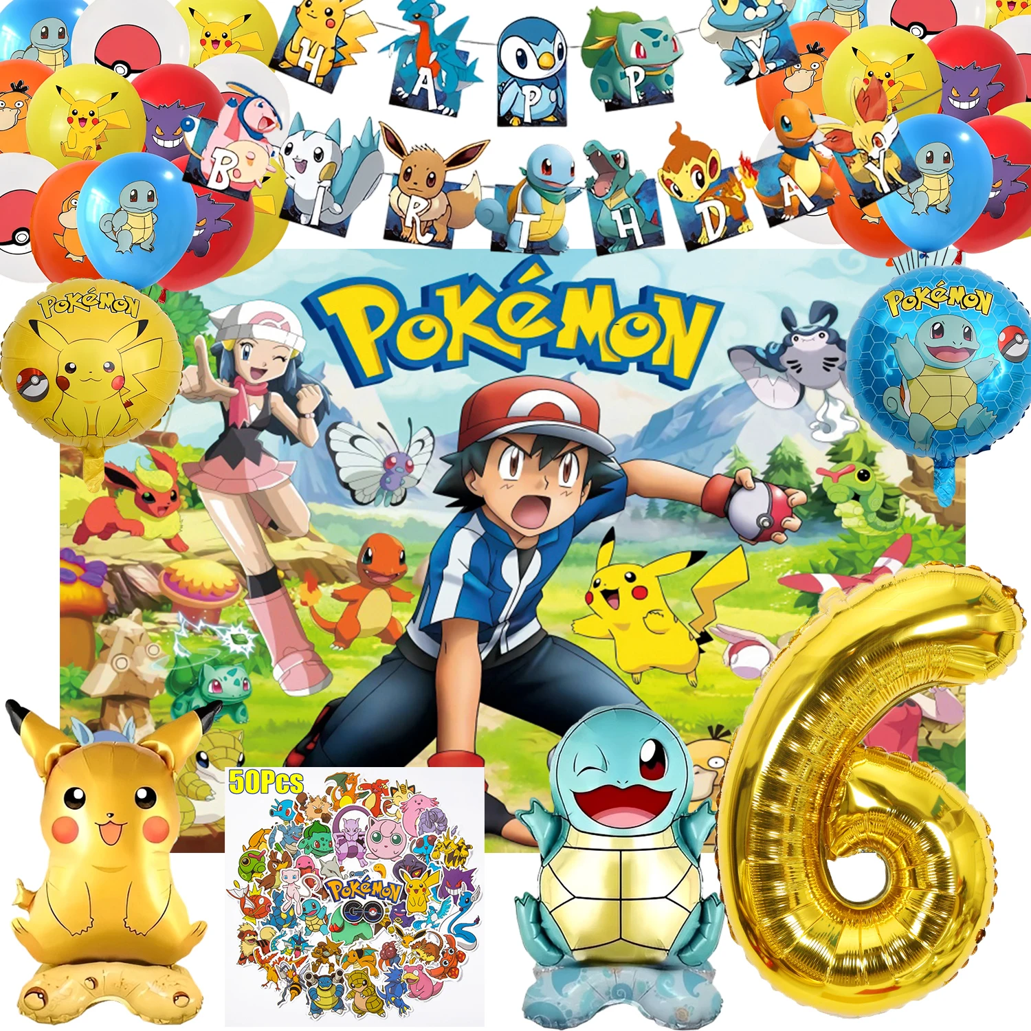 Pokemon Birthday Decorations Pikachu Background cloth, balloon stickers digital balloons 1-9 festival party decorations Supplies