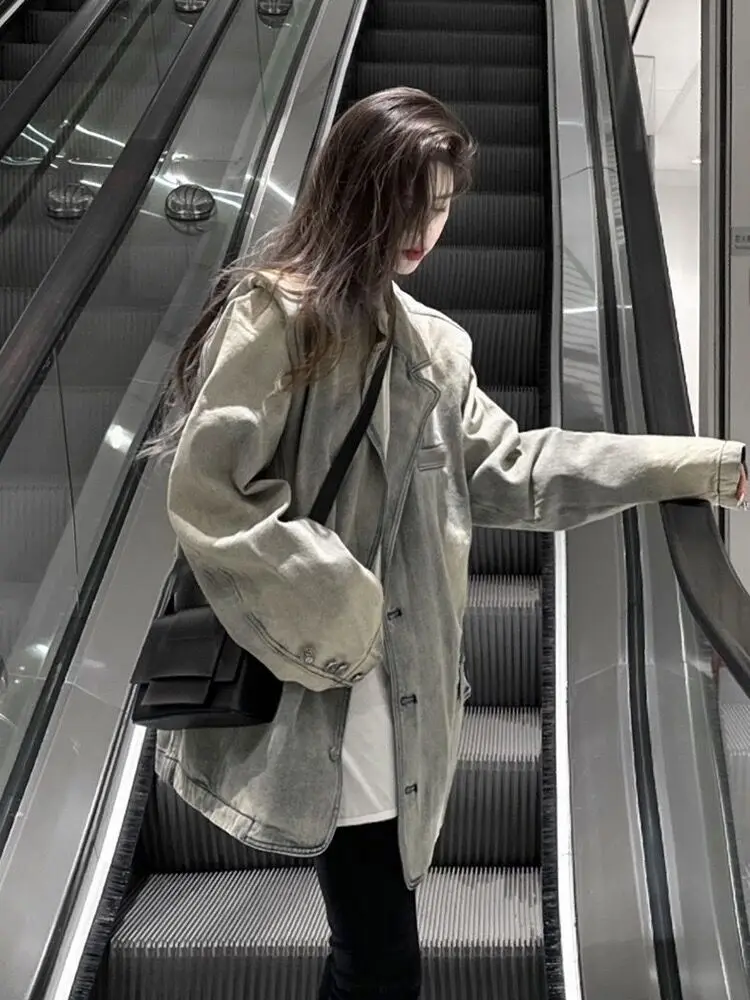 Abrigo vaquero único Primavera Verano mujer chaqueta mujer otoño abajo botón profesional con muescas con cuentas fajas funcionales Casual