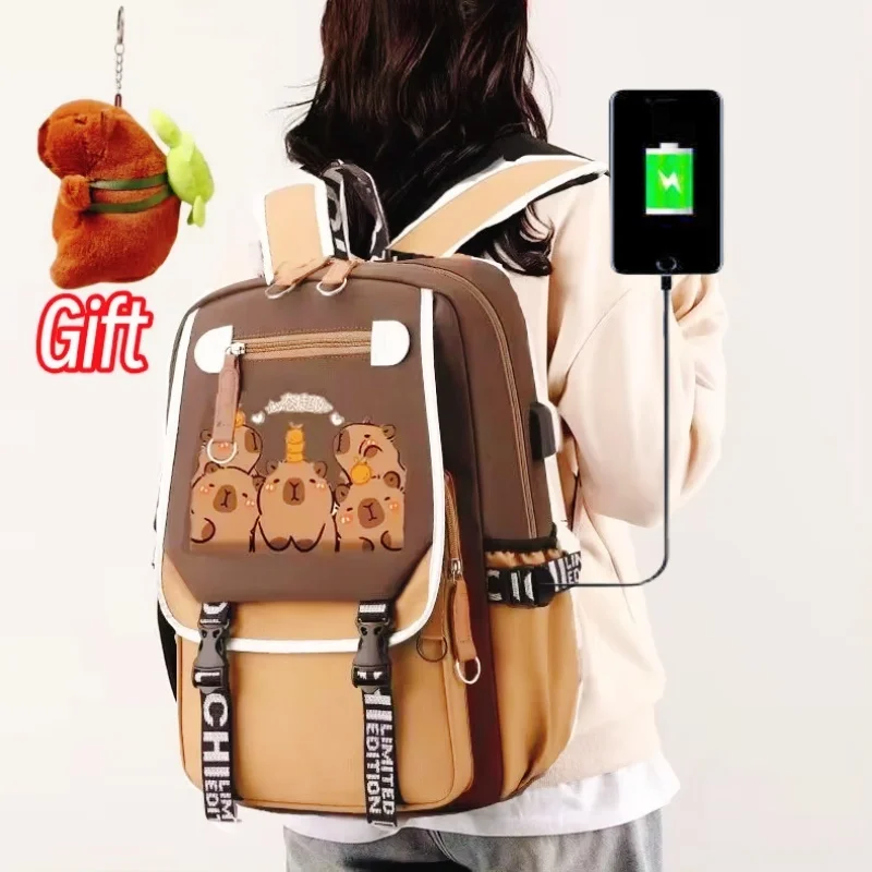 Cute Capybara Schoolbag Large Capacity Adjustable Strap Multifunctional Schoolbag Waterproof Student Computer Bag Free Pendant