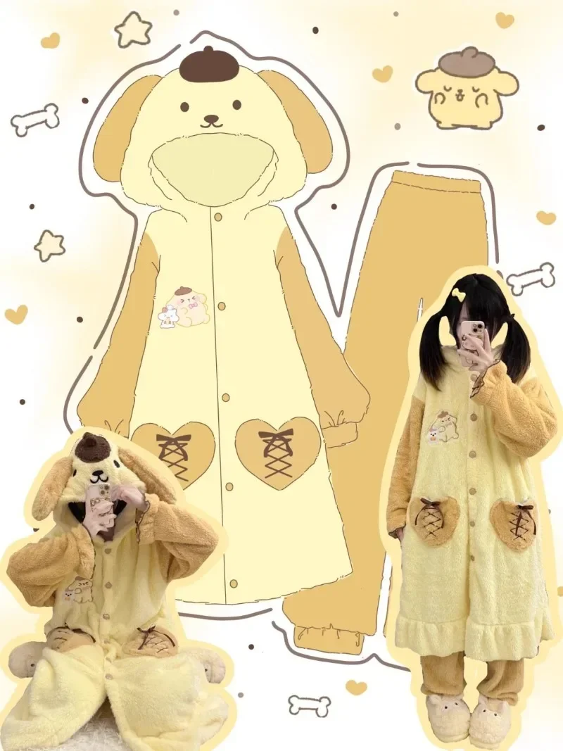 Sweet PomPomPurin Anime Sanrio Ins Kawaii Fashion Velvet Thick Pajamas Cute Cartoon Soft Wearing Nightgown Home Cloth Gifts