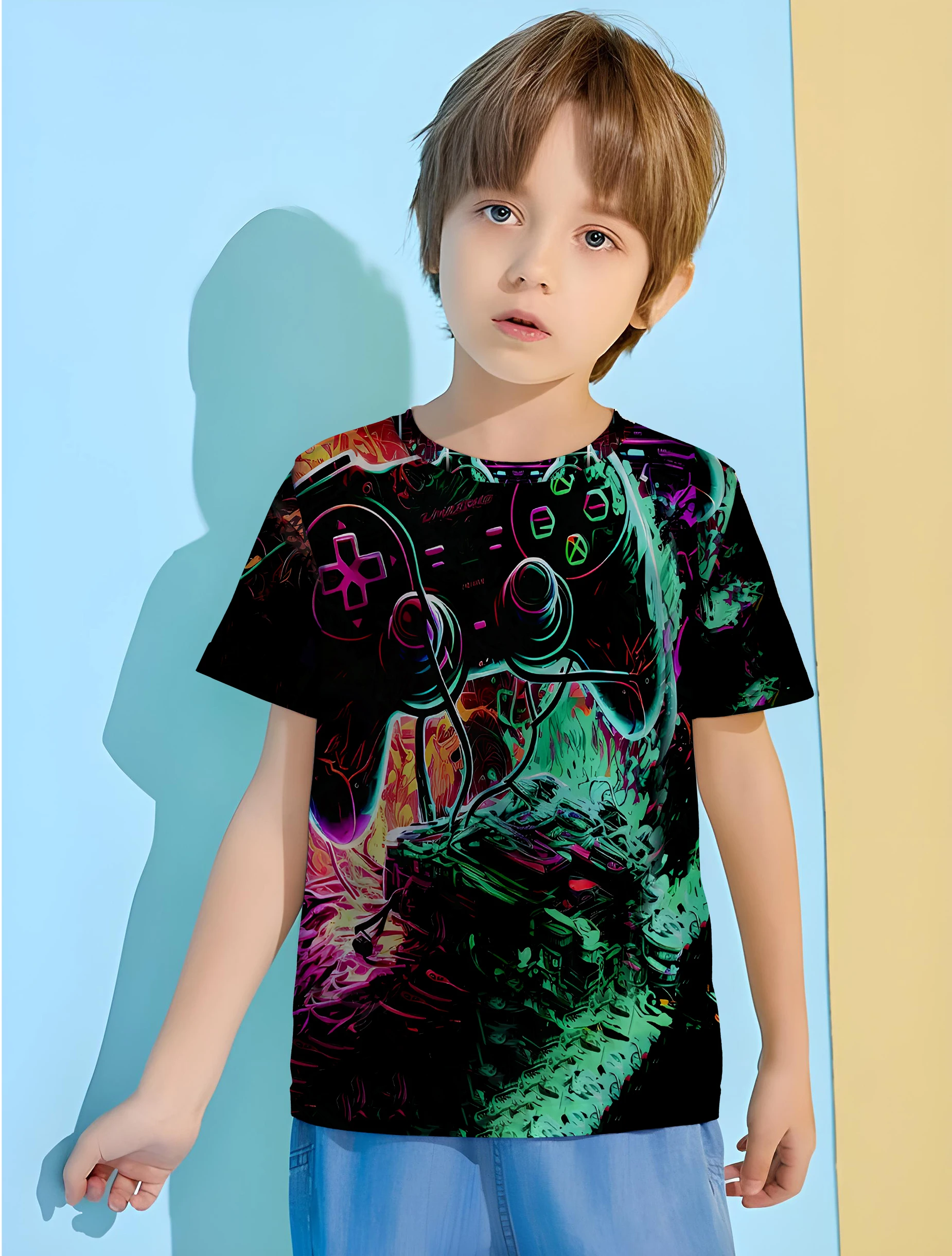 

Neon Gamepad Children Top Shirts T-shirt for a Boy Child T Shirt Tops Short Sleeve 2024 Kids Spring Clothes Children's T-shirts
