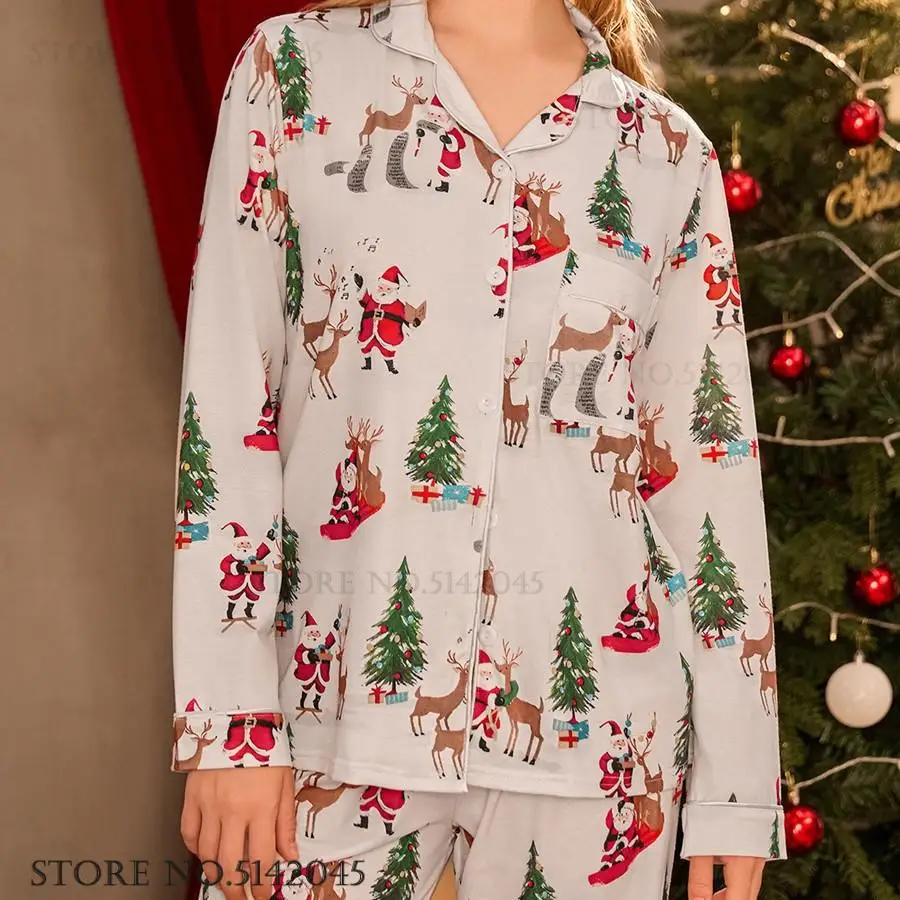 Female 2PCS Pajamas Set Christmas Sleepwear Print Cartoon Santa Claus Elk Trouser Pijamas Suit Autumn Winter New Homewear Pyjama