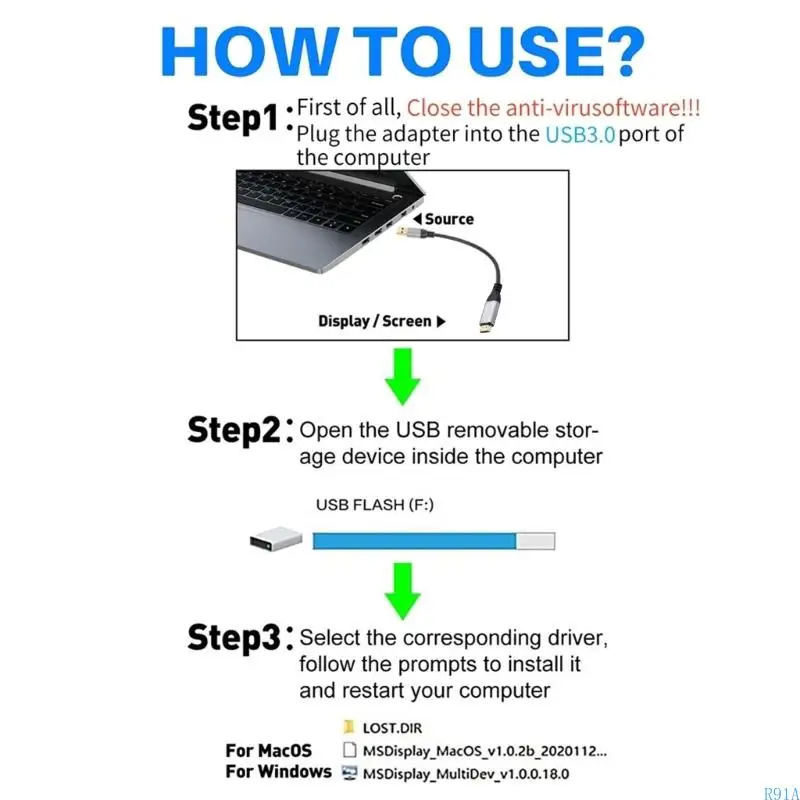R91A USB3.0 ~ HDTV 어댑터 케이블 5GBPS 1080P 4K 비디오 출력 플러그 및 PC 노트북 모니터 재생