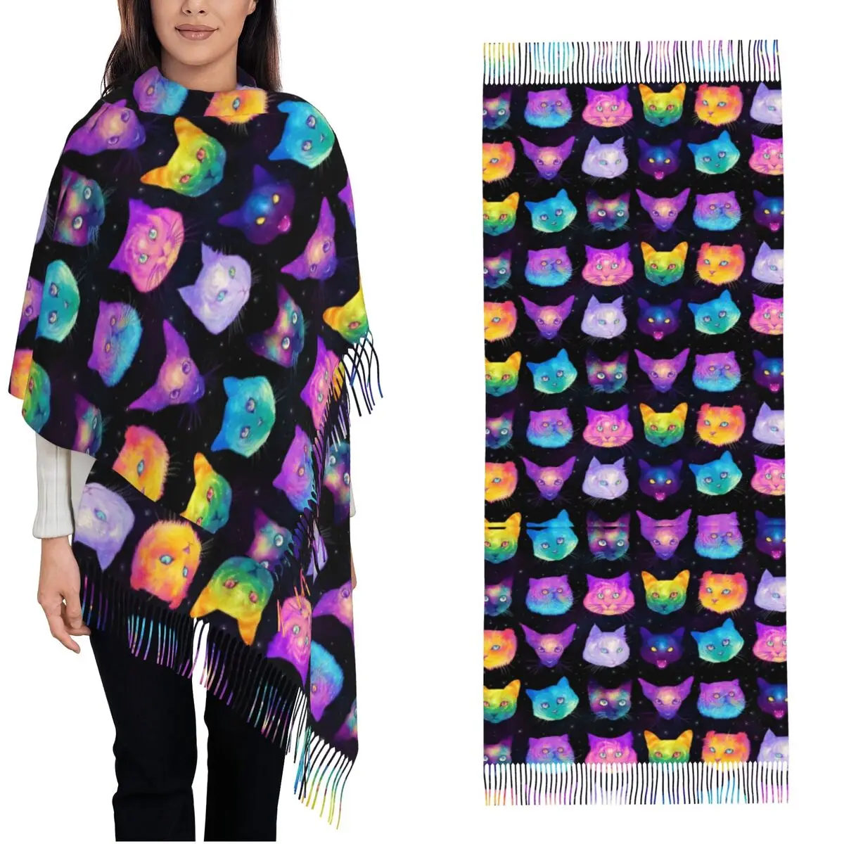 

Women Scarf Warm Cartoon Cat Headwear Scarves with Long Tassel y2k Funny Shawls and Wrap Winter Custom Bufanda Mujer