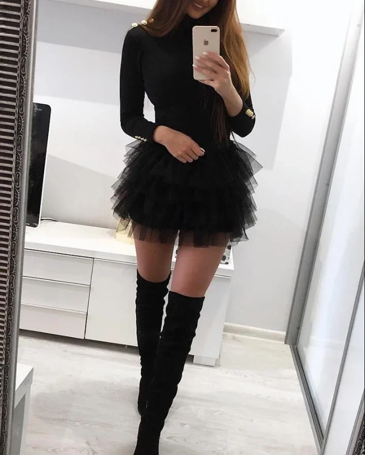 Abiti per le donne 2023 Fashion Layered Ruffles Mesh girocollo manica lunga Party Mini dress Skinny Dress for Women