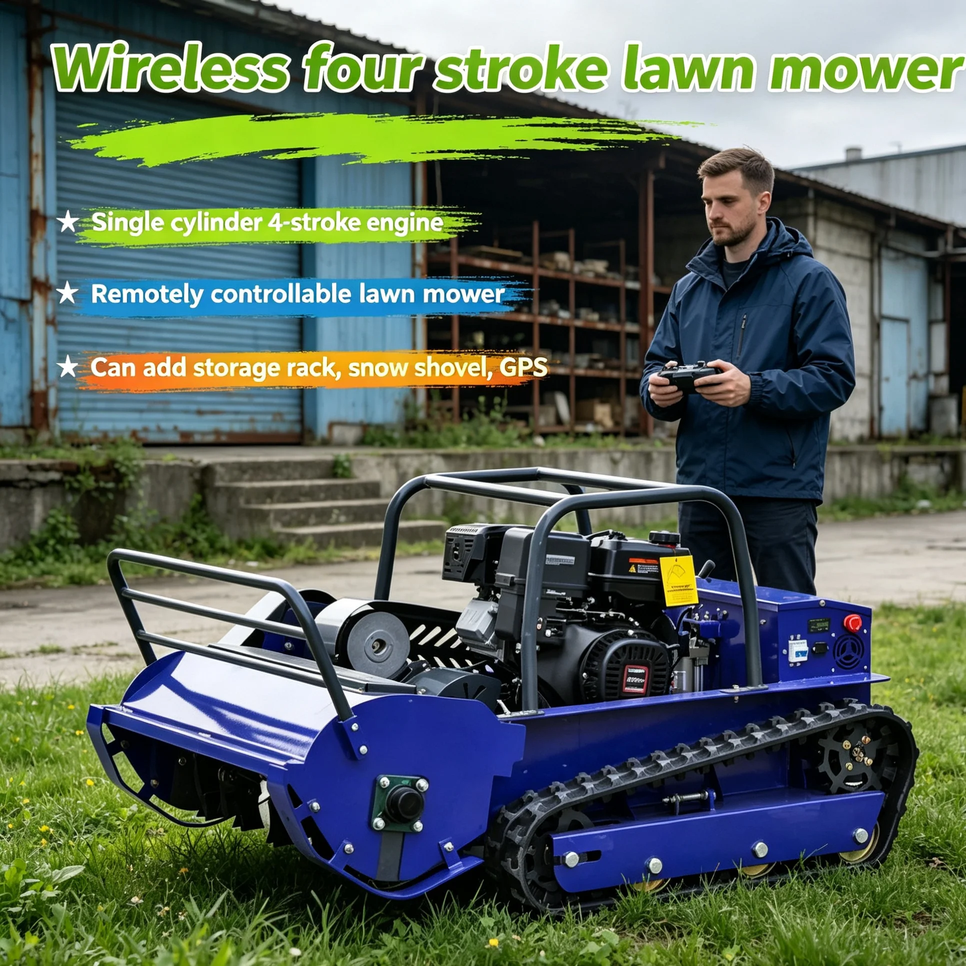 Customized Remote Robotic Lawn Mower assembles storage rack and snow shovel for steady power supply during slope green construct