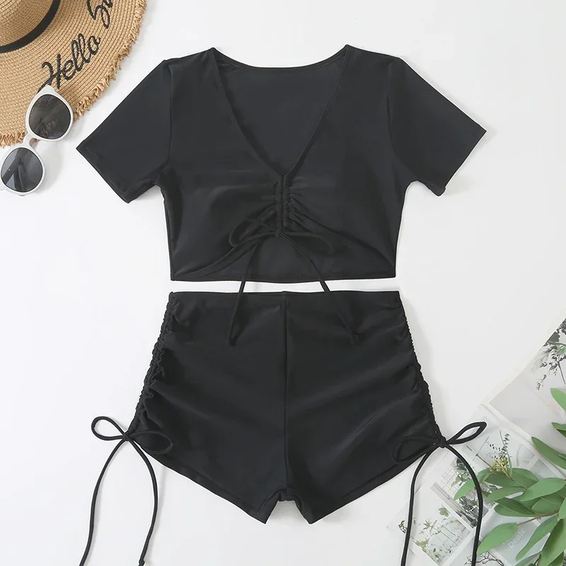 Bikini Set Black Drawstring Swimwear Mujer 2024 Crop Top Shorts Bottom Swimsuit Women Sexy Bathing Suit Beachwear Bikini Swim