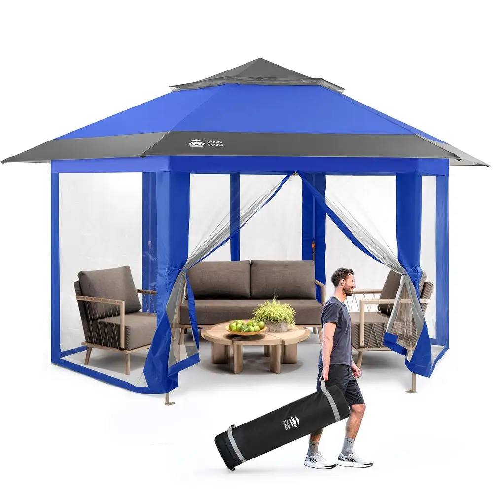 

13x13 Pop Up Gazebo with Mosquito Nettings, Patented Center Lock 6Sided Portable Gazebo, 300D SilverCoated Fabric UV Resistant,