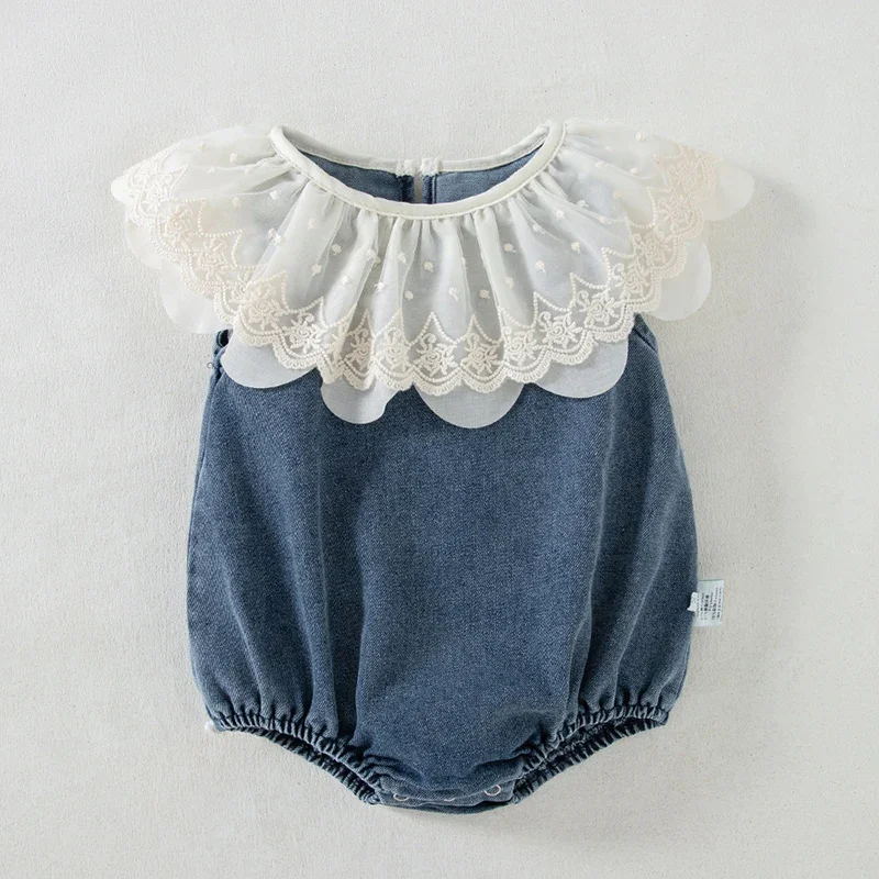 2026 New Summer Newborn Baby Girl Romper Sleeveless Denim Splice Toddler Baby Girls Jumpsuit 0-24M Baby Girl Clothing