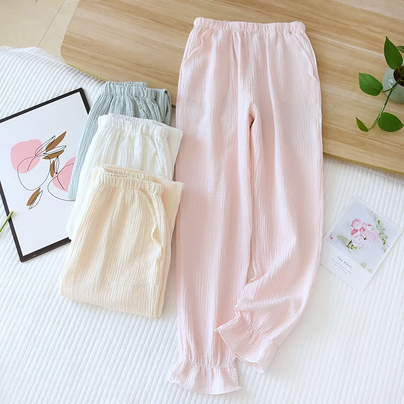 Summer Pajama Pants Womens 100% Cotton Gauze Loose Sleep Bottoms Elastic Waist Solid Lounge Pants Loose Sleepwear Home Wear