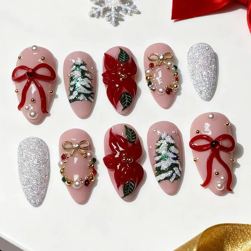 24pcs Gilded Almond False Nails Art Fashion Bow Pearl Diamond Design Stick on Nail Christmas Tree Red White Press on Fake Nails