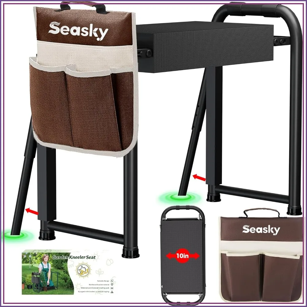 Foldable Garden Kneeler & Seat, Anti-Tipping, 400 lbs Capacity, Thick Cushion, Tool Bag, No Assembly