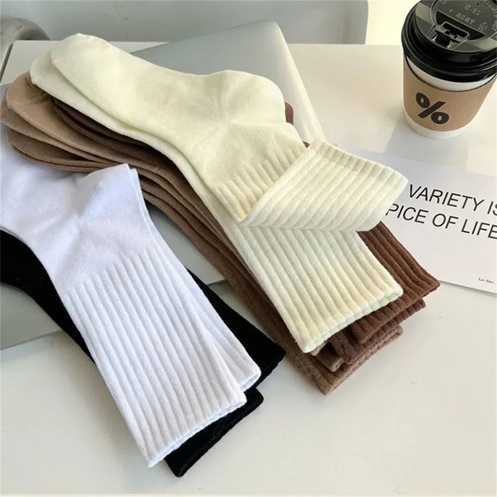 5 Pairs Mid Tube Polyester Cotton Women Socks Pack Set Japanese Fashion Solid Color Girls Vertical Stripes Socks