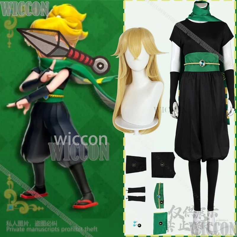 

Game Princess Cosplay Japanese Ninja Uniform Black Jumpsuit Green Cloak Props Y2K Wigs Cute Girl Kid Comic Con Outfit Customized
