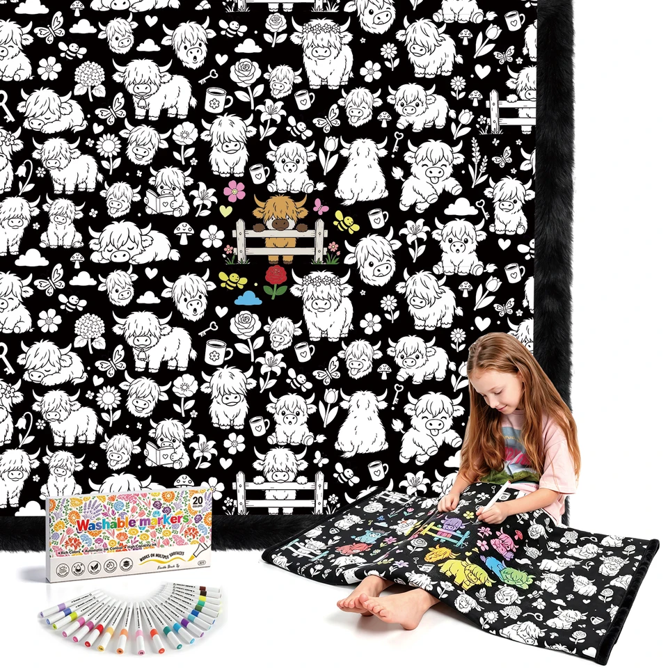 Washable Coloring Blanket with 20 Markers Cozy Doodle Mat