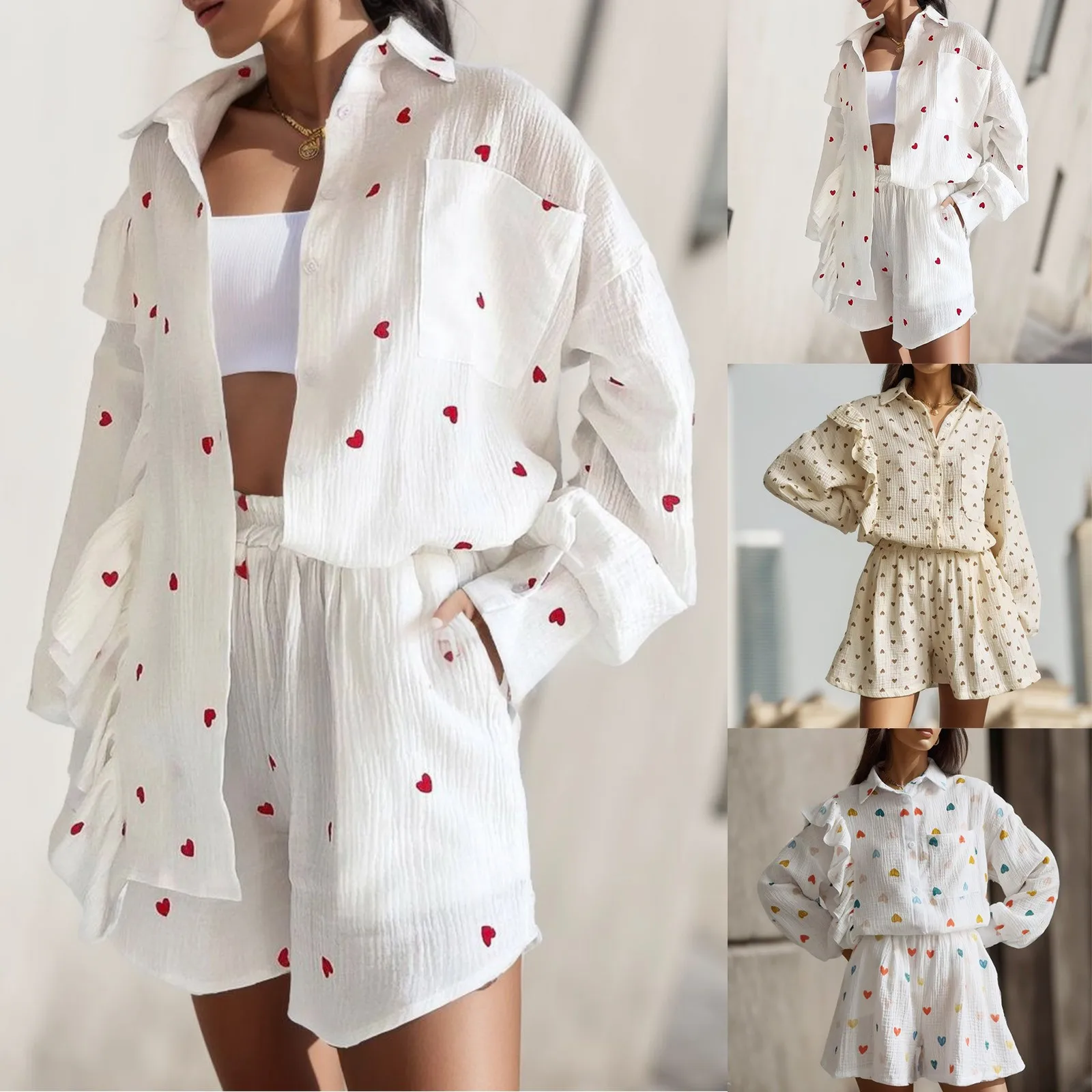 Women Two Piece Set Cotton Linen Ruffle Shirt Shorts Summer Home Heart Pattern Long Sleeve Button Blouse Short Set Outfits