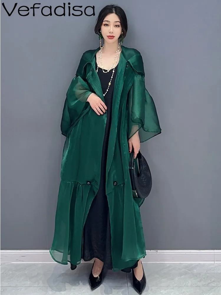 

Vefadisa 2023 Spring Summer Fashion Loose Dress Cardigan Purity Green And Black Women Wear Mesh Trendy Perspective Dress ZY592