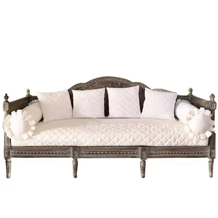 

French simple solid wood carving flower sofa small apartment living room combination furniture American retro old three-person s
