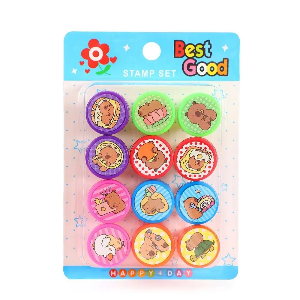 

12PCS/Set Cartoon Plastic Self-ink Seal DIY Painting Capybara Patterns Photo Album Stamp Capybara Stamps Children