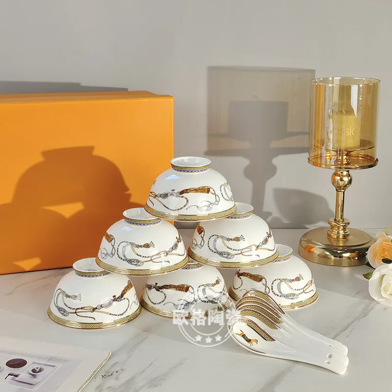 

Home Exquisite Bone Porcelain Reins Six Bowls and Six Spoons Set Household Rice Bowl Housewarming Gift Tableware Gift Box