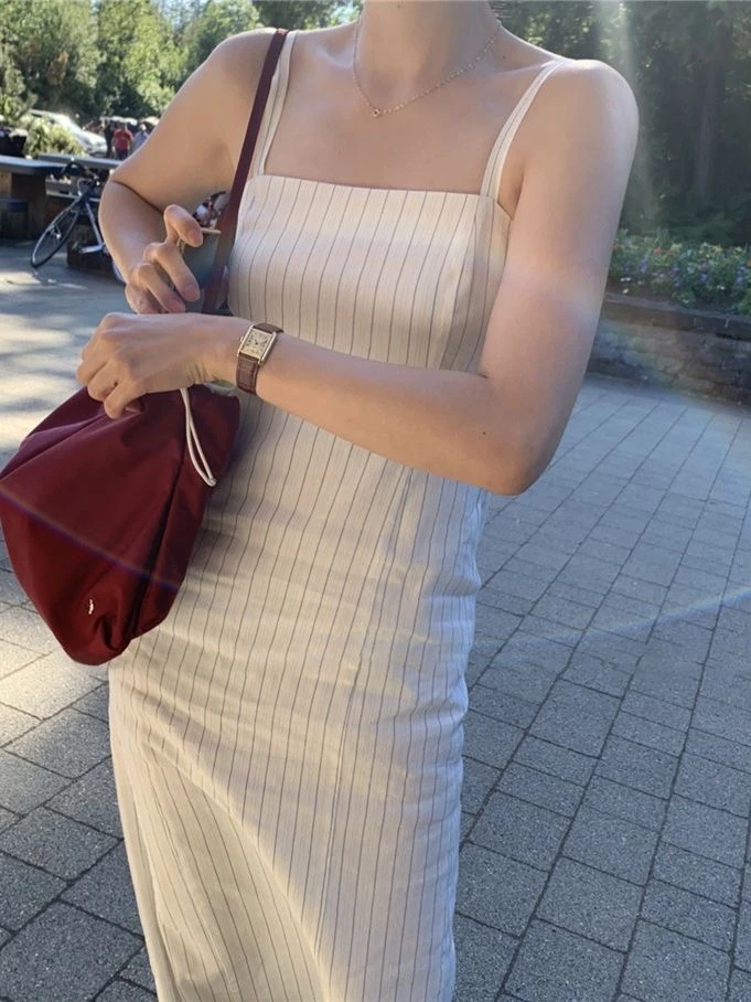 

Miss Candy Korean Style Slimming Stripe One Shoulder Strap Midi Dress Women's High Waist Cotton Blend Casual H-Shape Dress