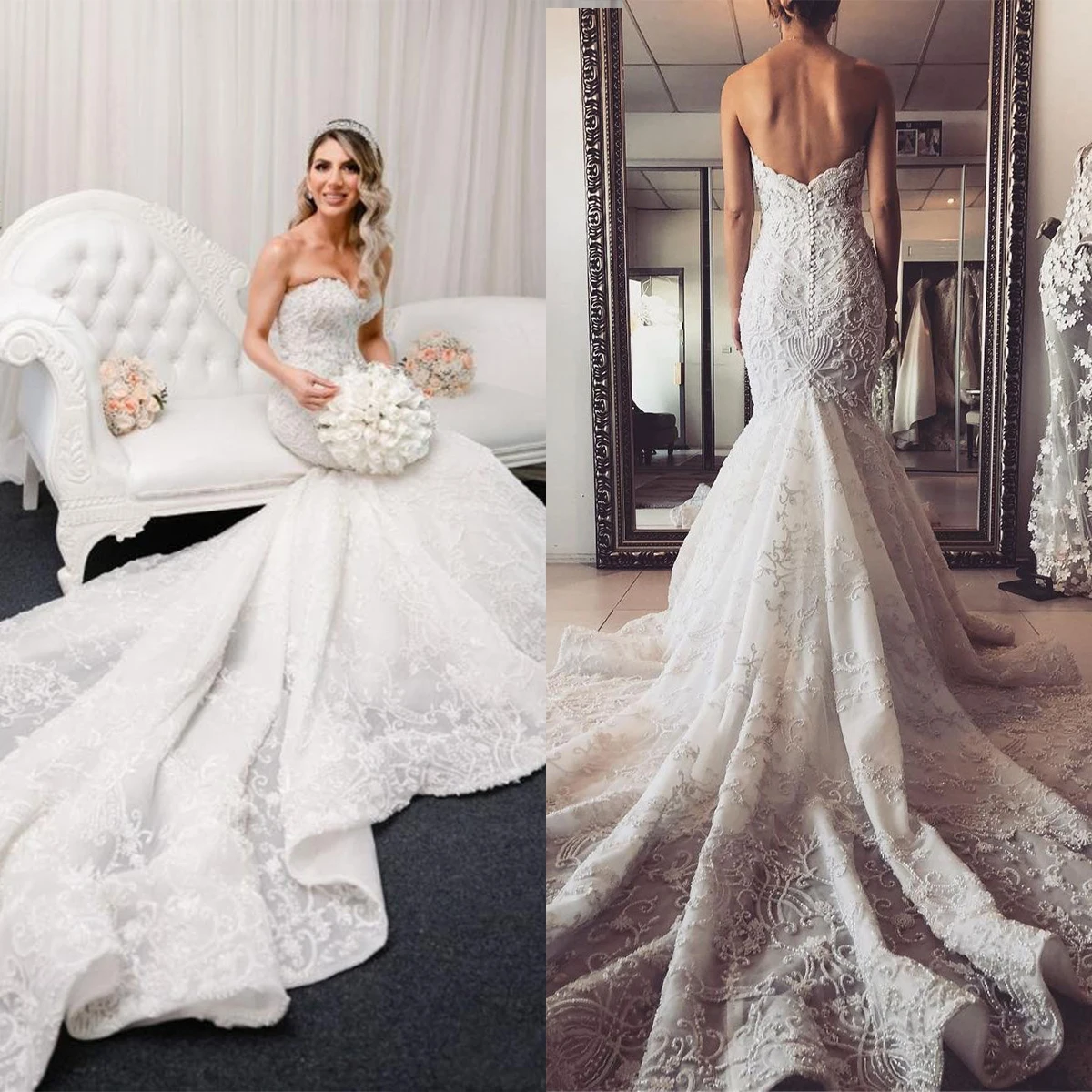 

Romantic Mermaid Wedding Dress Backless Sweetheart Strapless Beading Applique Bridal Gown Sweep Train Robe De Mariée Custom Size