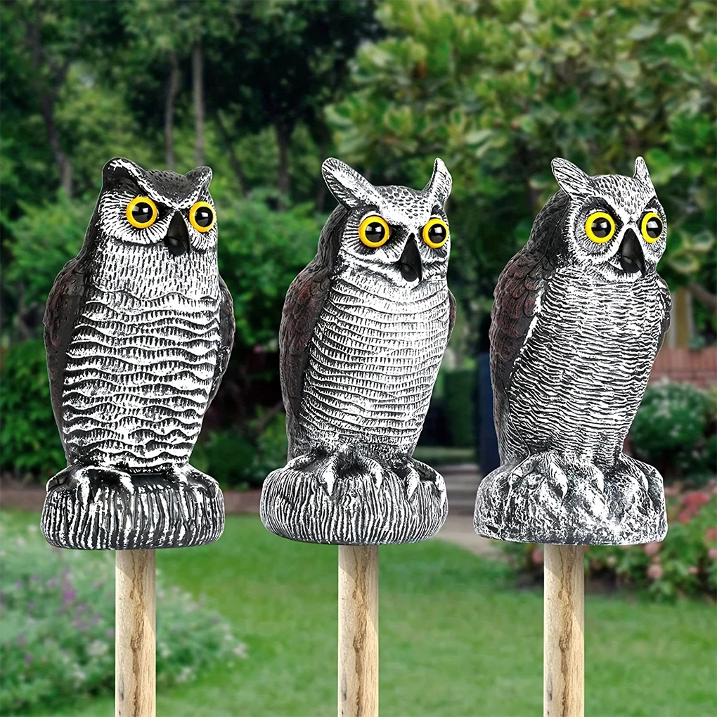 Fake Owl Decoy Plastic Owl Scarecrow Sculpture with Rotating Head and Sound for Garden Yard Bird Repellent Outdoor