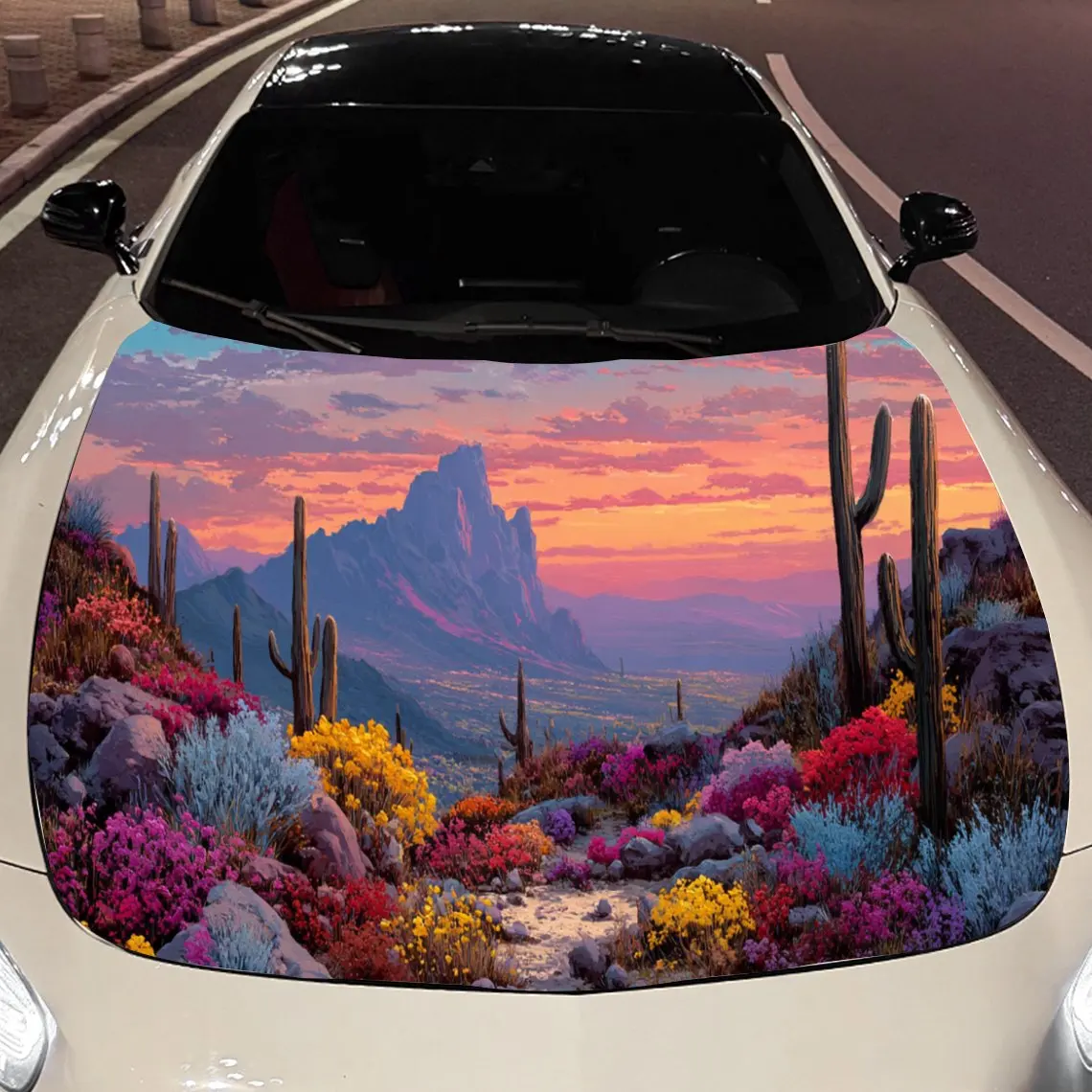 Flower Cactus Mountains Car Hood Vinyl Stickers Car Surface Protection Decal Car Decoration Cover Vinyl Wraps Waterproof Self-ad