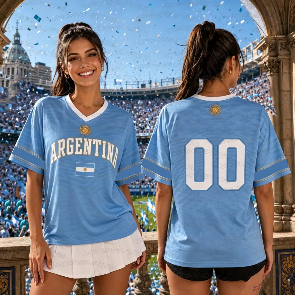 Summer Women's Men's Argentina Print V-Neck Short Sleeve T-Shirt Graphic Tee Jerseys Plus Size Sport T-Shirt Soccer Fans
