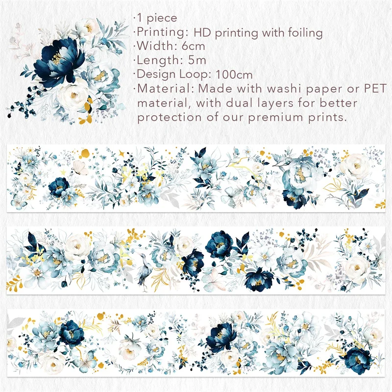 WT Gilded Shielding PET Tape Wide Washi Tapes for Scrapbooking Vintage Blue Rose Floral Journaling Adhesive Colorful Sticker