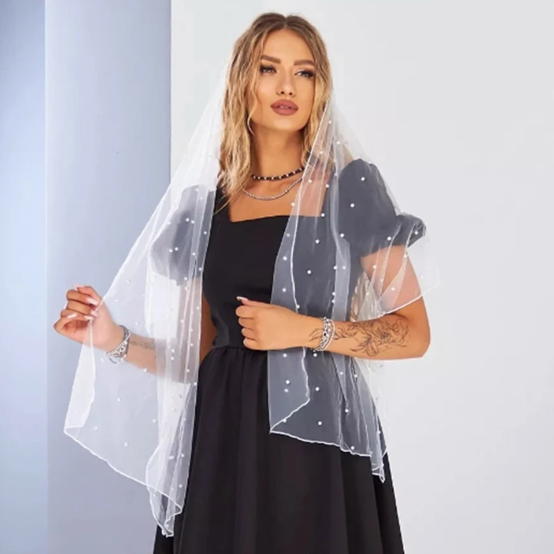 Bufanda velos malla transparente decorada con perlas románticas para mujer, chal tul ligero para vestidos noche,