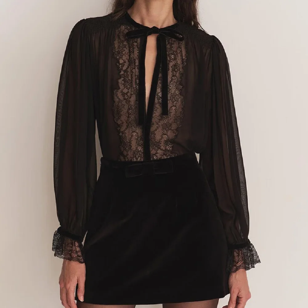 

2026 Women's Fashion Shirt, Chiffon Lace Commuter Blouse with Bow, Women's Top, T-shirt, Y2K New Fashion Versatile Pullover bra