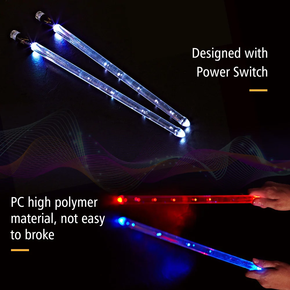 LED Light Up Drumsticks Jazz Drum Sticks 15 Gradient Colorful Lights USB Charging with ON/OFF Switch Drumstick Drum Set