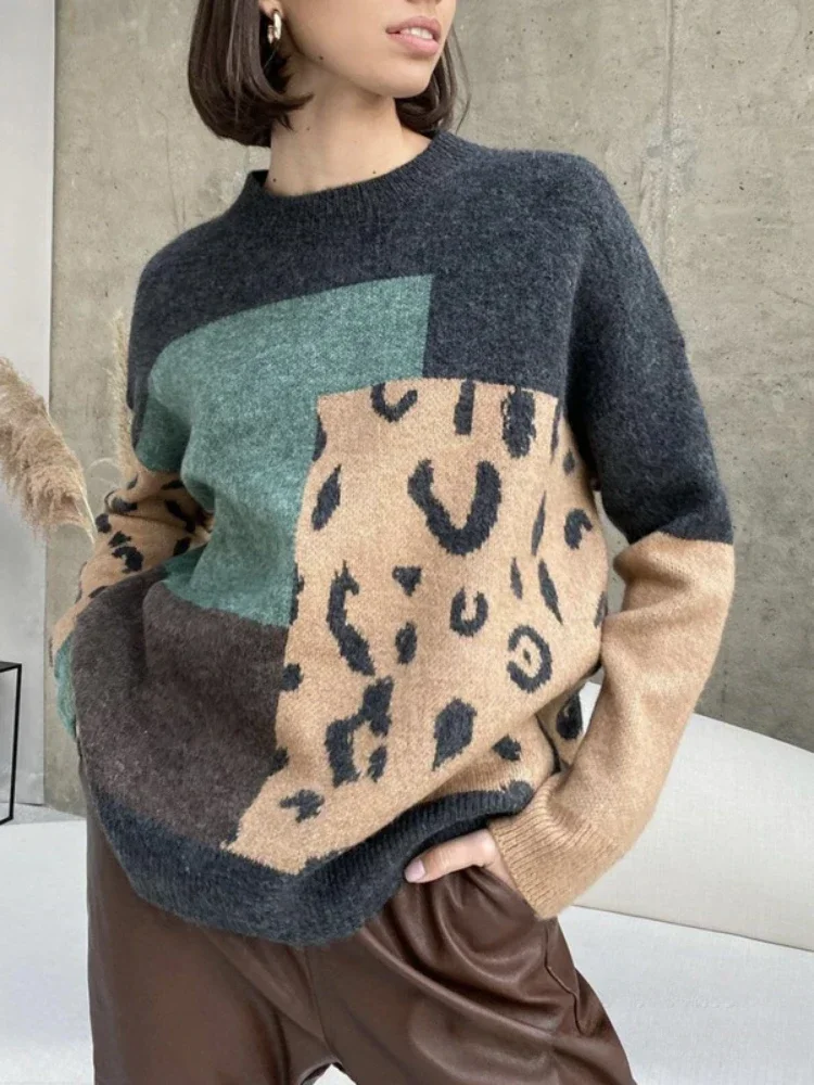 Woman Leopard Print Autumn Winter Sweater O-Neck Casual Oversized Female Sweaters Knit Soft Thick Jumper Women's  Pullovers
