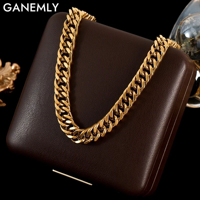 

GANEMLY 316L Stainless Steel Gold Color Chunky Long Necklace For Women Punk Metal Texture Collar Waterproof Jewelry Femme Gift