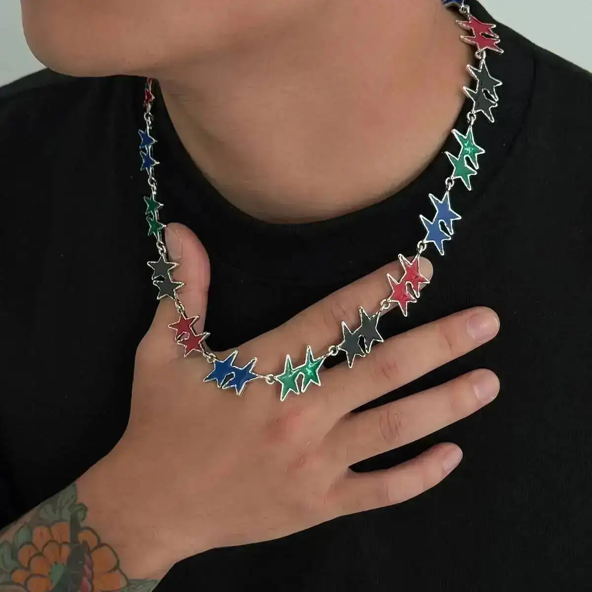 

Salircon Hip Hop Punk Colorful Five-Pointed Star Necklaces Men Vintage Metal Adjustable Clavicle Chain Street Trend Jewelry