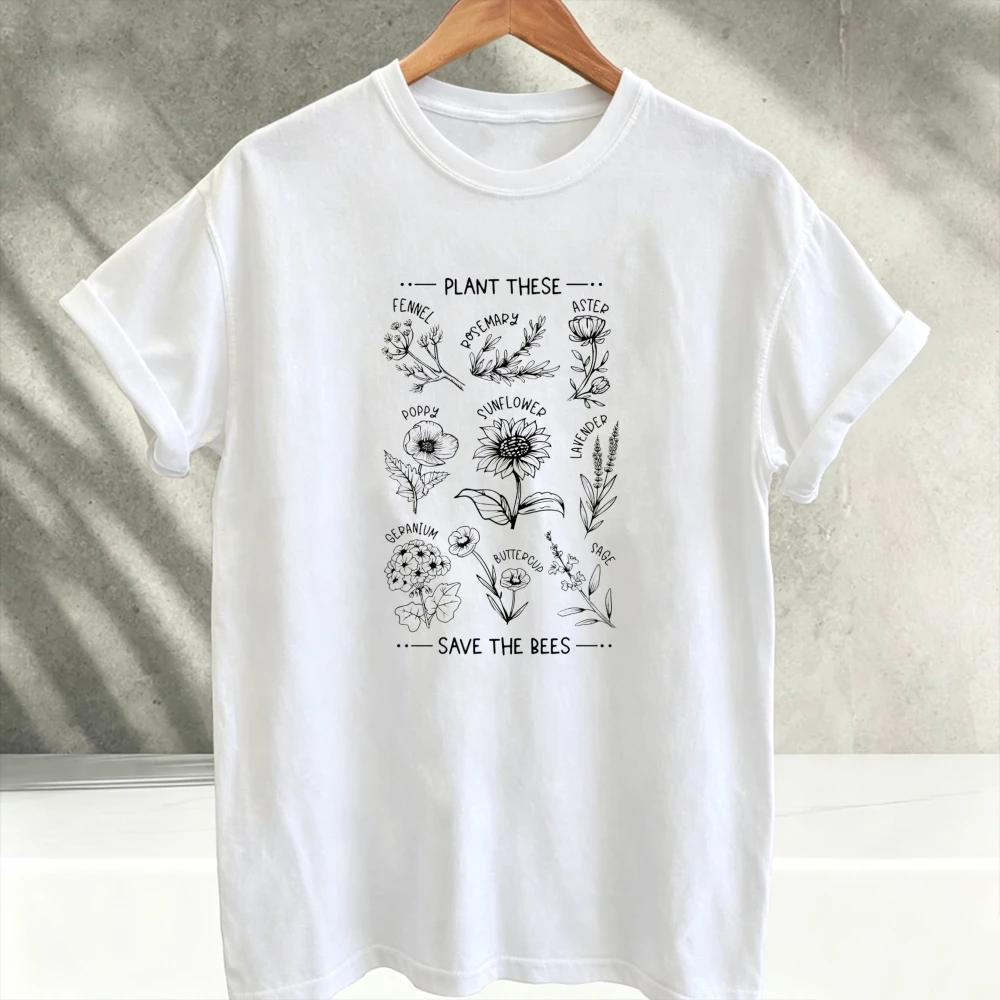 Plant These Save The Bees Botanical Wildflower Graphic T‑Shirt Men Vintage Floral Sketch Tee Casual Crew Neck Short Sleeve Tops