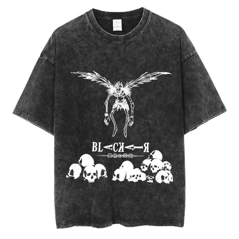Mode Streetwear Unisex Top T-Shirt Harajuku Vintage Washed T-Shirts Death Note Anime Grafik-Druck Shirt Übergroße Baumwolle – Detail 15
