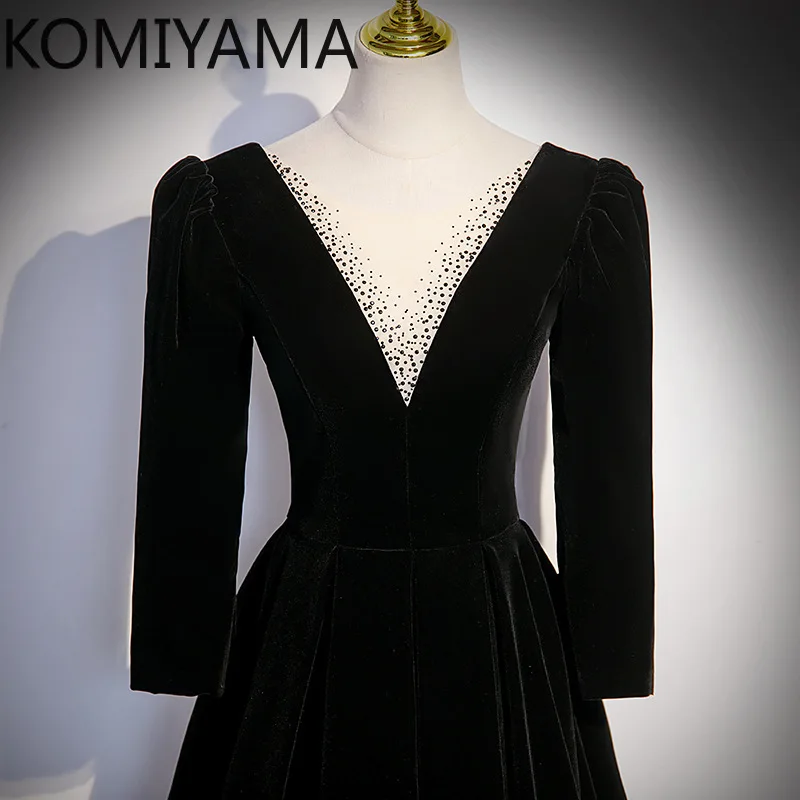 Personalizado preto coreano manga comprida veludo vestido de noite cintura fina lantejoulas cintura fina formal vestidos de baile temperamento formal