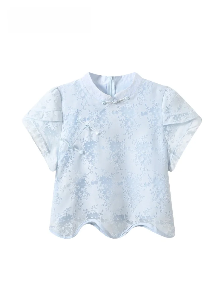 

plus Size Women's Shirt Short Sleeve Button up Stand Collar Mid-Length Regular Shoulder Summer New Style Chinese Style Top
