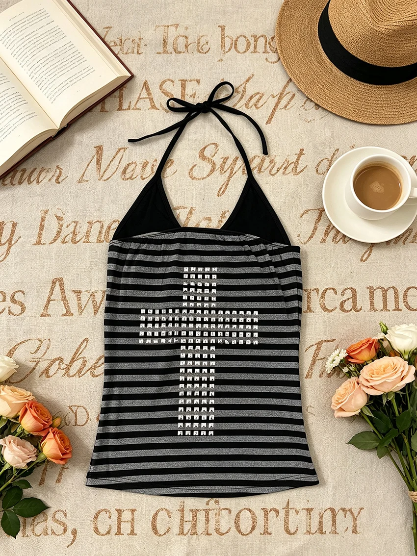 Gothic Y2K Punk Women Striped Halter Tank Top Silver Rivet Cross Print Back Self Tie Sleeveless Slim Grunge Streetwear Cami Tops