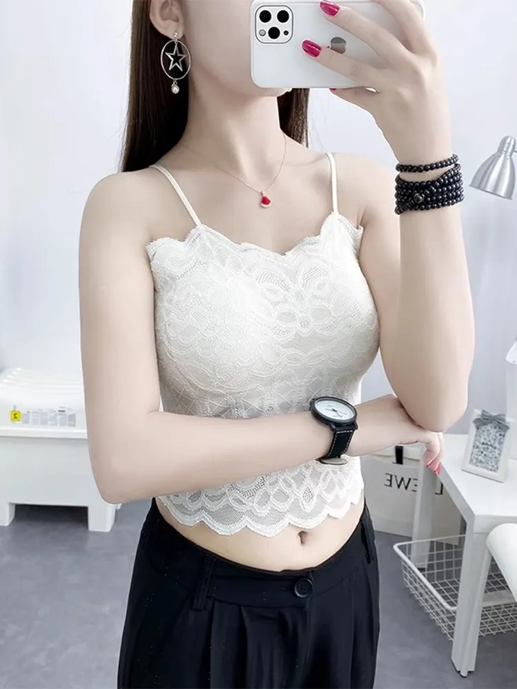 Letnia koronkowa kamizelka na ramiączkach, seksowna, cienkie ramiączka, falista koronka, bielizna, zapobiegająca prześwitywaniu, z wkładką, piękna, do pracy, krótka.